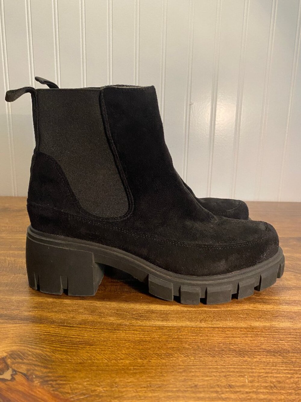Pierre Dumas - Black Suede Chelsea Lug Sole Chunky Ankle Boots - Size 6.5